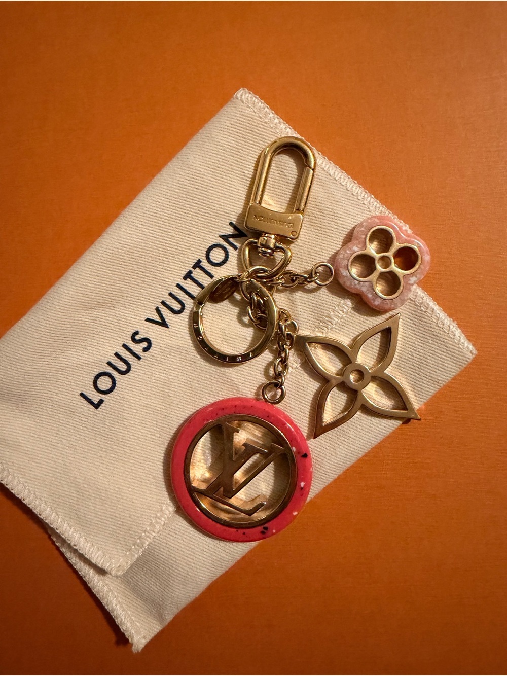 Authentic Louis Vuitton Pink and Gold Monogram Charm Key Holder